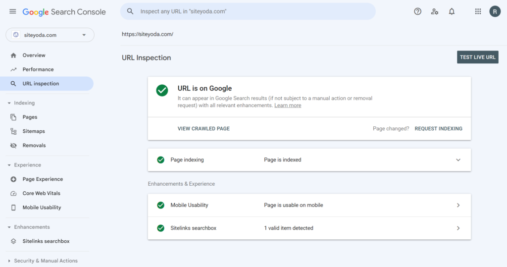 google search console url inspection indexed url