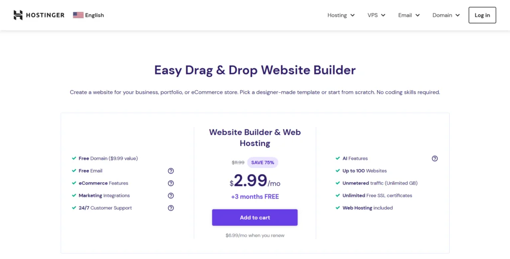 hostinger website builder pricing