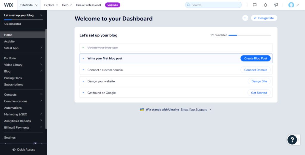 wix adi site setup dashbord checklist