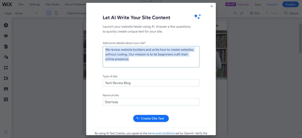 Let Wix AI generate content for your site